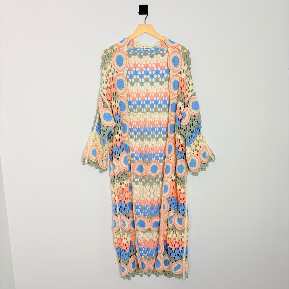 POL Dreamside Crochet Longline Open Front Cardigan Pastel Granny Square Boho OS - Picture 3 of 9